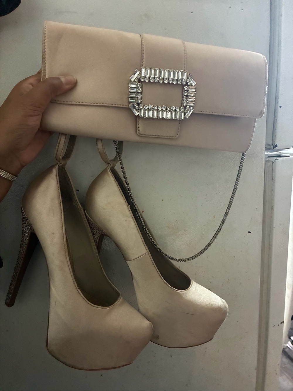 H by Halston Ivory Platform Pumps with Crystal-Embossed Heel